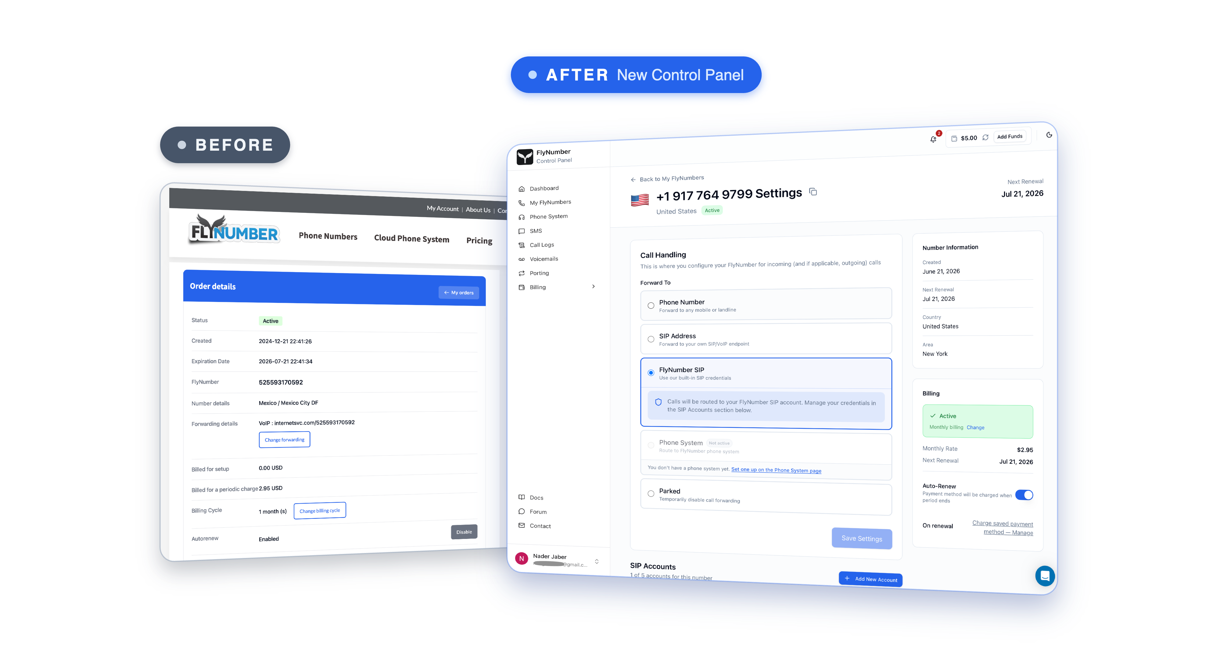 Side-by-side comparison of the old order screen and the new FlyNumber detail page. The new detail page shows a single number's call handling, number information, billing, and SIP accounts.