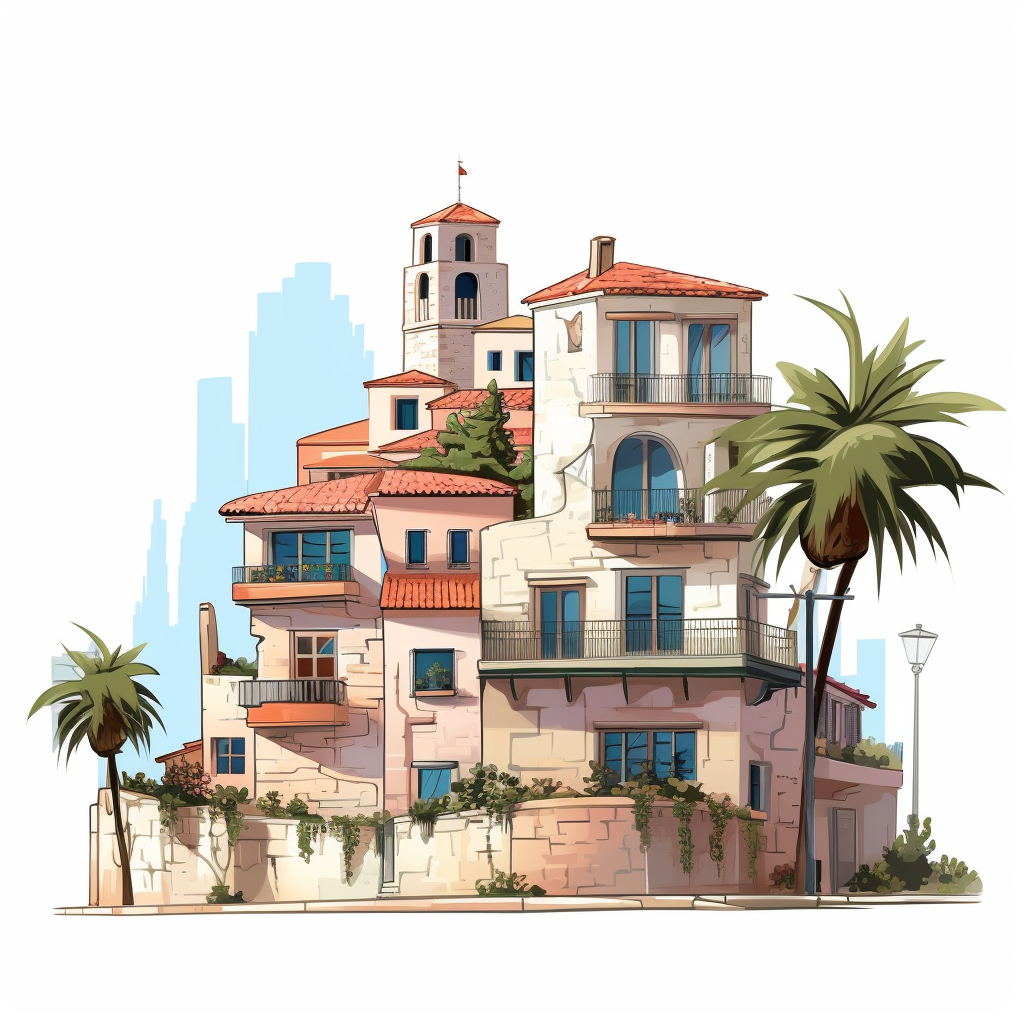 rendering of cyprus buildings and palm trees with mono-color buildings in background