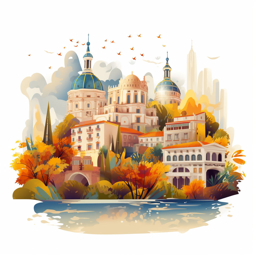 Spain buildings set in autumn with birds watercolor style