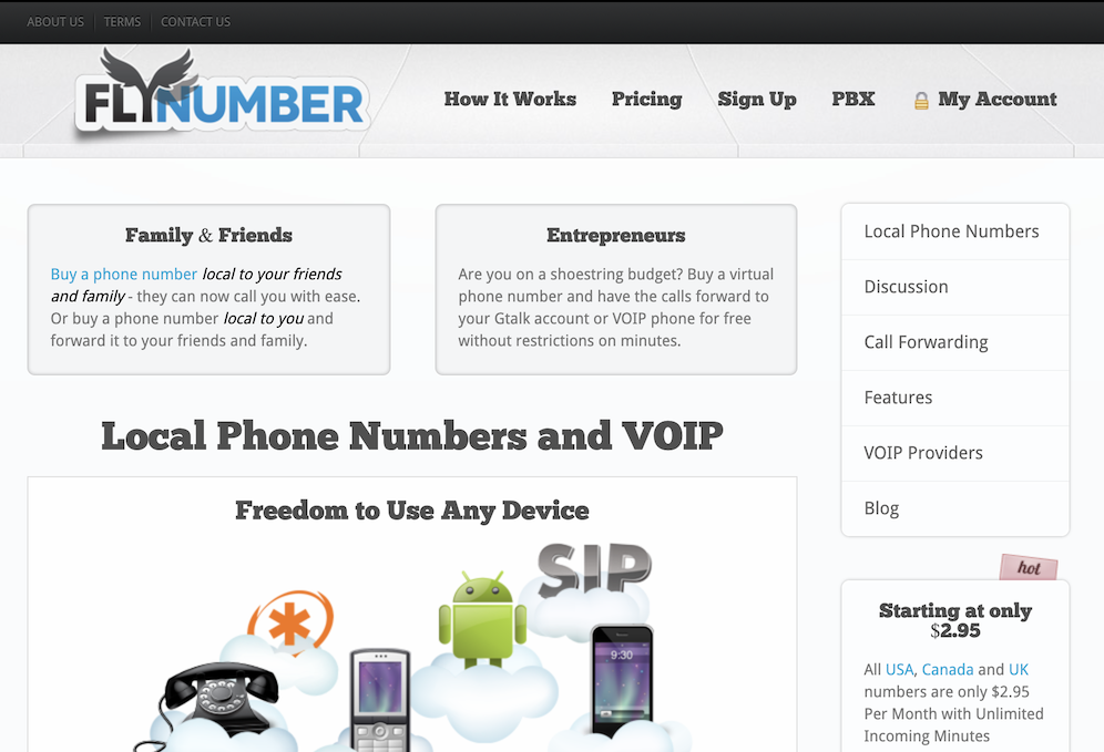 Screenshot of the FlyNumber website from 2013, featuring sections for Family & Friends, Entrepreneurs, and information on local phone numbers and VOIP services.