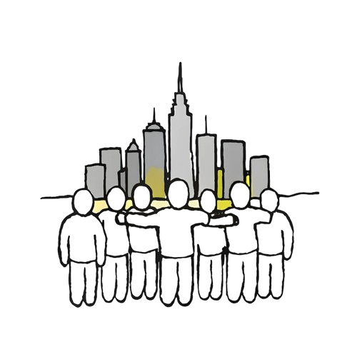 A group of people with arms around each other, standing in front of a stylized skyline of New York City, symbolizing community and unity.