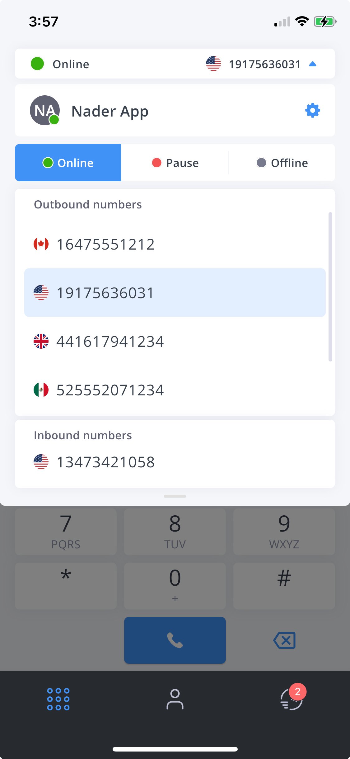 Screenshot of the FlyNumber app interface showing the call screen with a dialpad and recent calls list.