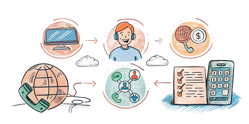 A flowchart illustration showing the benefits of a service, including a computer screen, customer support agent, magnifying glass with a dollar sign, phone and globe icon, communication network, checklist, and smartphone.