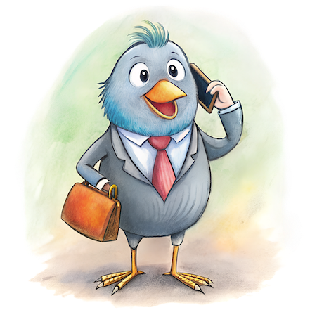 Cartoon bird dressed in a business suit, holding a briefcase and talking on a mobile phone.