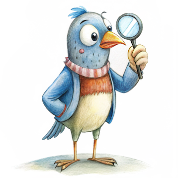 Illustration of a curious blue bird wearing a scarf and jacket, holding a magnifying glass with an inquisitive expression.