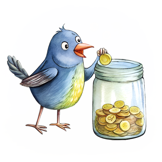 Illustration of a happy bird placing coins into a jar, symbolizing saving or collecting money.