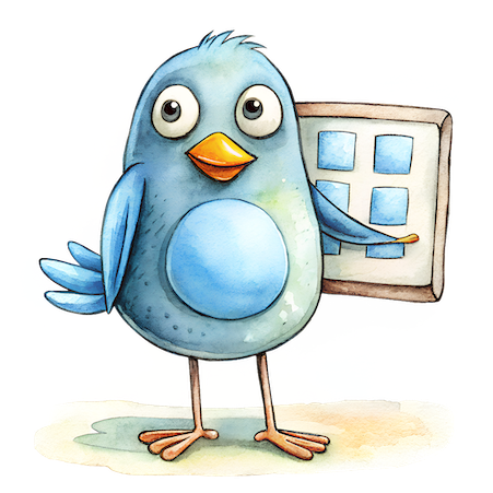 Illustration of a blue bird character pointing to or holding a square keypad or feature display, representing functionality or features.