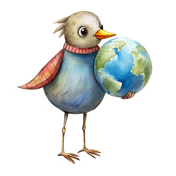 Illustration of a bird character wearing a scarf and holding a globe, symbolizing global connectivity or worldwide communication.