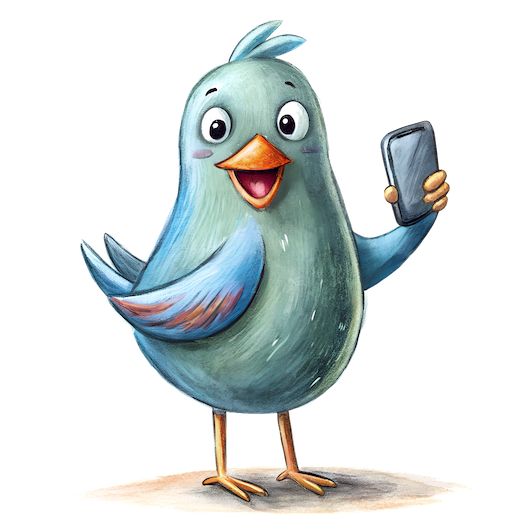 Illustration of a happy bird holding a smartphone, symbolizing communication or technology use.