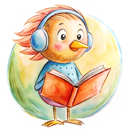 Illustration of a cartoon bird wearing headphones and reading a book, symbolizing learning or studying.