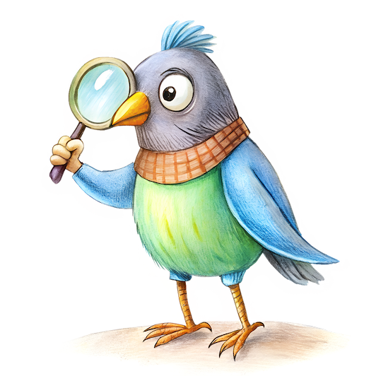 Illustration of a bird character holding a magnifying glass, appearing to investigate or search for something