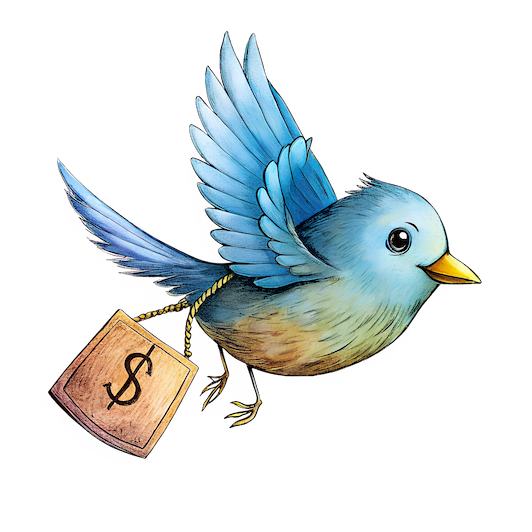 Illustration of a blue bird flying while carrying a price tag with a dollar sign, symbolizing pricing or financial transactions.