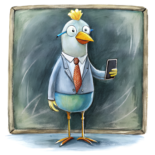 Illustration of a bird character dressed in a suit and tie, holding a smartphone, standing in front of a chalkboard, resembling a professor or business professional.