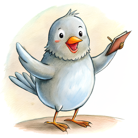 Illustration of a cheerful bird holding a notepad and pencil, symbolizing registration or note-taking.