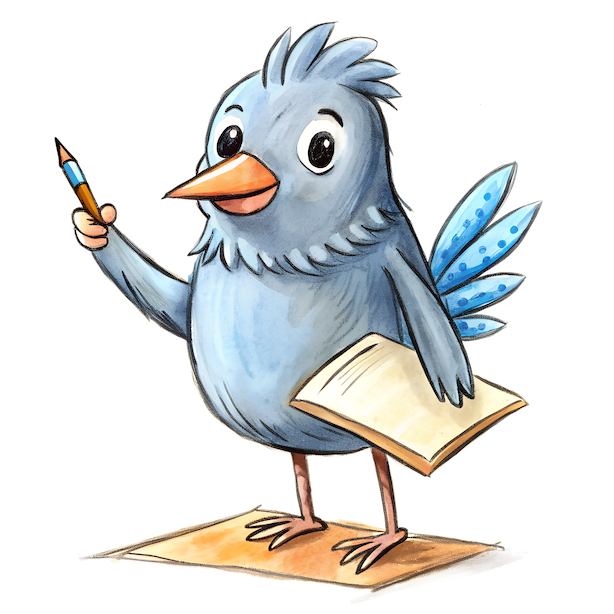 Illustration of a bird character holding a notepad and pencil, looking ready to sign up or take notes