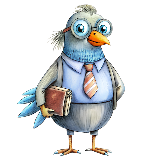 Illustration of a bird dressed as a professional, holding a book, and wearing glasses and a tie, symbolizing a computer engineer or professional expertise.