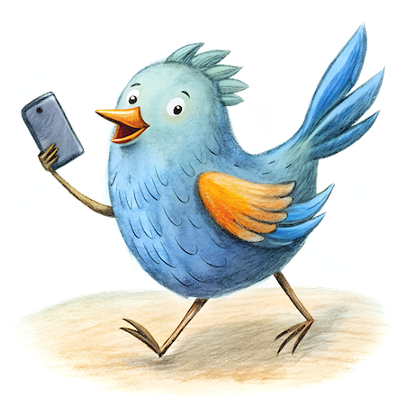 Illustration of a happy bird walking while holding a smartphone, symbolizing communication or connectivity.