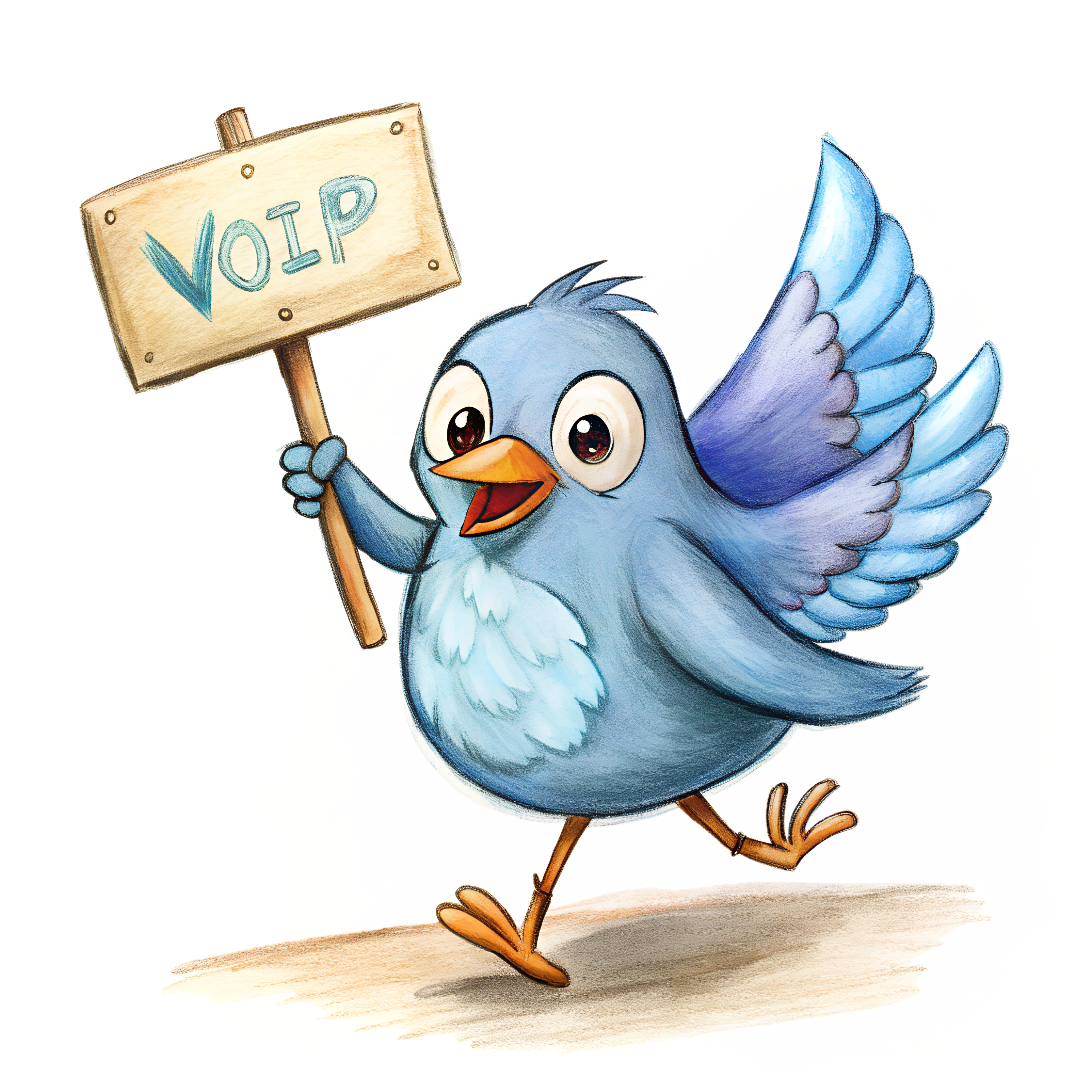 Illustration of a cheerful blue bird holding a sign with the word 'VoIP,' symbolizing VoIP communication services.