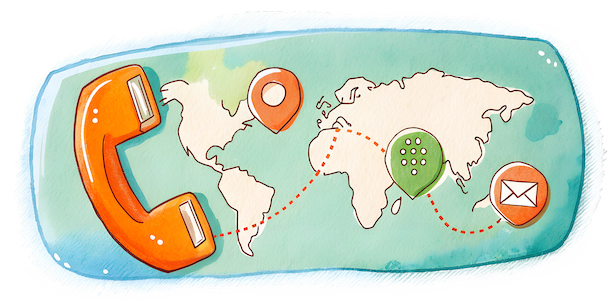 Illustration of a phone receiver next to a world map with location markers, a keypad, and an envelope icon, representing global call forwarding and communication options.