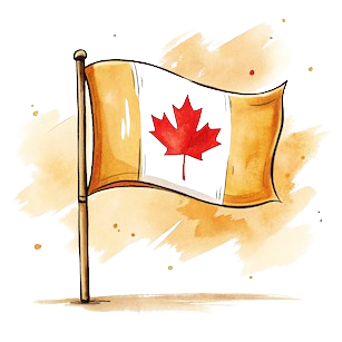 Illustration of the Canadian flag waving on a flagpole, featuring the red maple leaf.