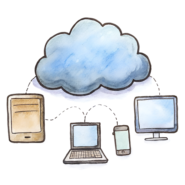 Cloud connected to various devices including a server, laptop, smartphone, and desktop monitor.