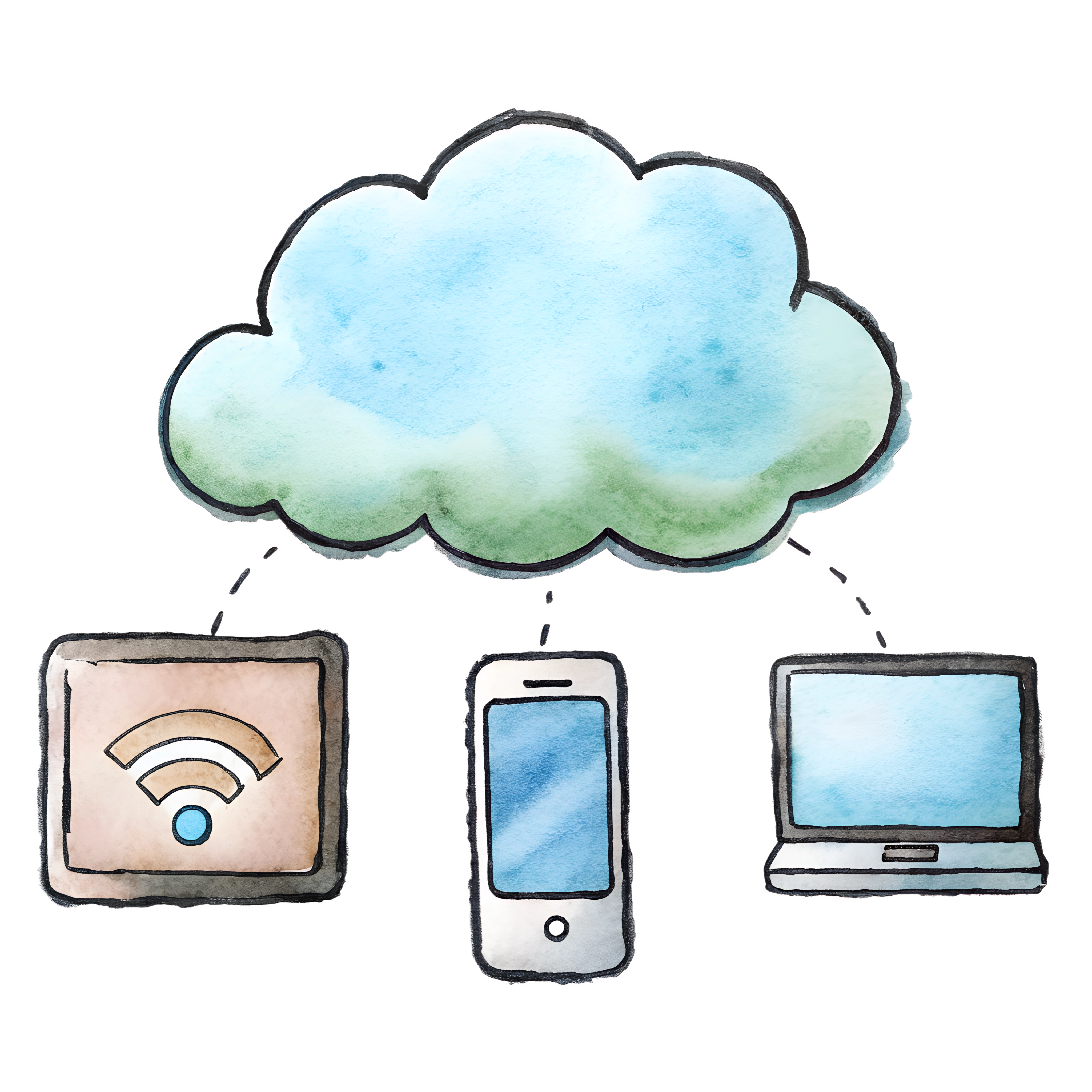 Illustration of a cloud connected to a tablet, smartphone, and laptop, representing cloud-based communication or cloud PBX.