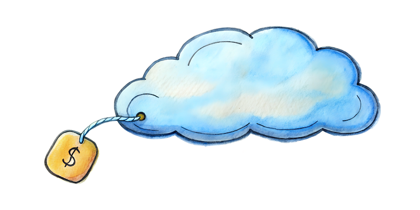 Illustration of a cloud with a price tag attached, symbolizing cloud service pricing.