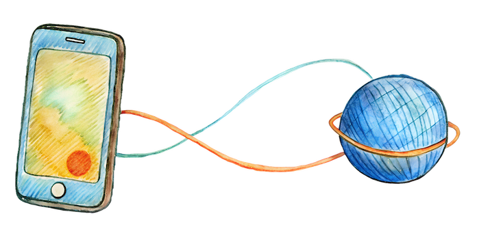 Illustration of a smartphone connected to a globe with orange and blue lines, representing global connectivity through mobile technology.