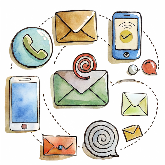 Illustration of various contact methods including phone, email, and messaging icons