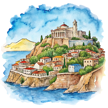 Hand drawn style image depicting Greece