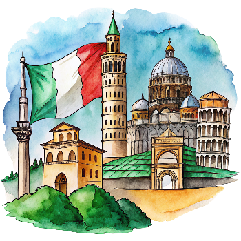 Hand drawn style image depicting Italy