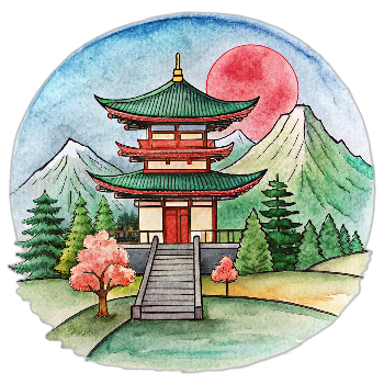 Hand drawn style image depicting Japan