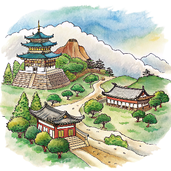 Hand drawn style image depicting South Korea