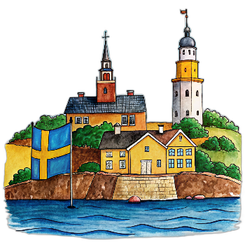 Hand drawn style image depicting Sweden