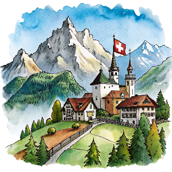 Hand drawn style image depicting Switzerland