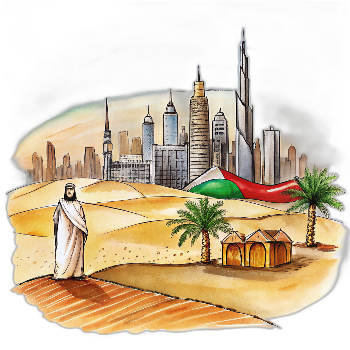 Hand drawn style image depicting United Arab Emirates