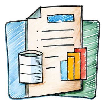 Data report with a document, bar chart, and database symbol.