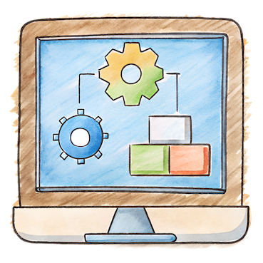 Computer monitor displaying system architecture with gears and blocks.