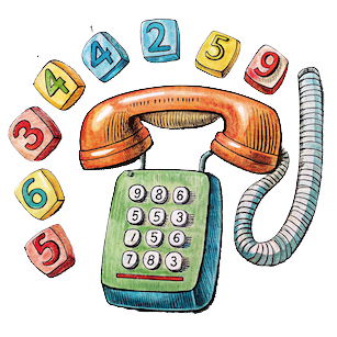 Telephone surrounded by colorful numbers in hand-drawn style