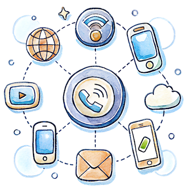 A circular collage of communication icons, including a phone, email, smartphone, video, and cloud, connected by dotted lines representing various digital communication features.