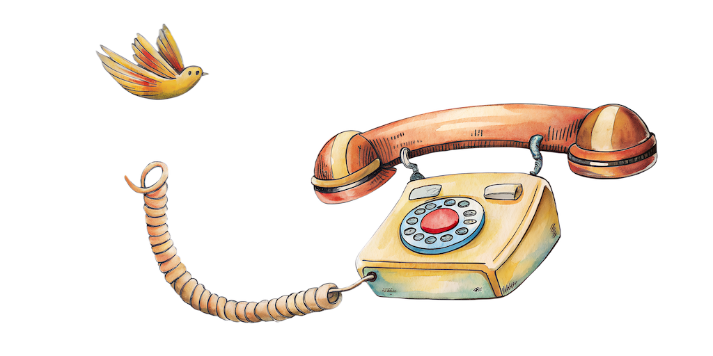 a telephone and bird in hand drawn style