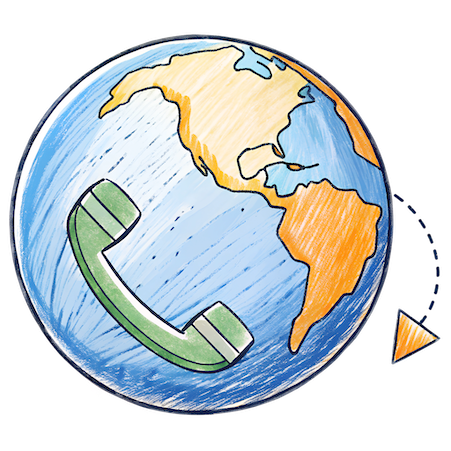 A globe with a telephone handset, indicating call forwarding across the world.