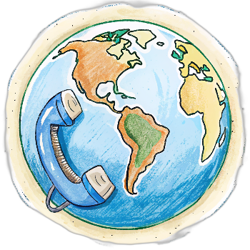 Globe in hand-drawn style with phone handset