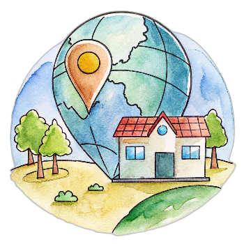 Building with globe in background and location icon in hand-drawn style