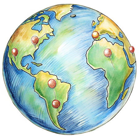 Illustration of a globe with pins marking locations across different continents, symbolizing global presence or international connections.