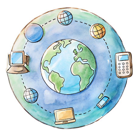 A globe surrounded by various communication devices, representing global VoIP connectivity.