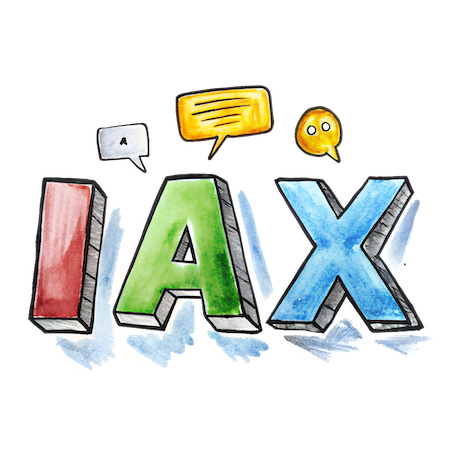 The letters 'IAX' in a colorful, hand-drawn style with speech bubbles above, representing communication or the IAX protocol.