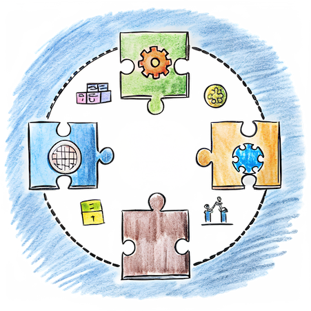 Illustration of puzzle pieces connected in a circle, each piece containing icons representing different integrations such as a globe, gear, and database.