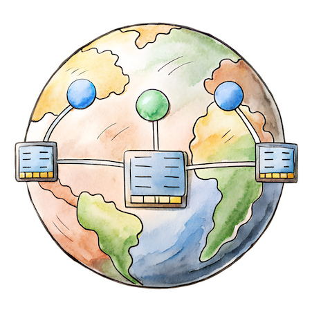 Illustration of a globe with interconnected nodes and servers, representing global network connections or IP address distribution.