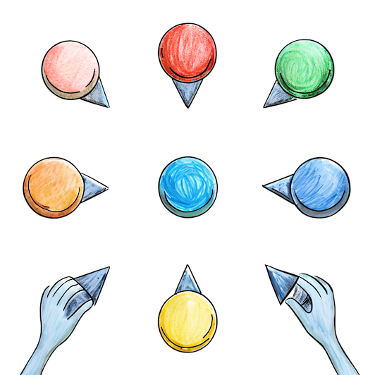 Illustration of colorful buttons arranged in a circle with hands pointing to different options, symbolizing multiple choices or decisions.